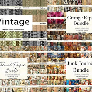 K&ouml;nnte beinhalten: Eine Collage aus digitalen Papierpaketen f&uuml;r Scrapbooking und Basteln. Das Bild zeigt drei Bundles: Vintage, Grunge Paper und Junk Journal. Jedes Bundle bietet eine Vielzahl von Mustern und Designs.