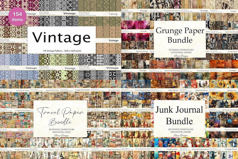 K&ouml;nnte beinhalten: Eine Collage aus digitalen Papierpaketen f&uuml;r Scrapbooking und Basteln. Das Bild zeigt drei Bundles: Vintage, Grunge Paper und Junk Journal. Jedes Bundle bietet eine Vielzahl von Mustern und Designs.
