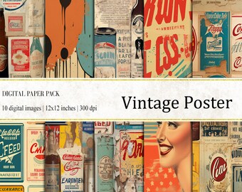 May include: A digital paper pack with 10 vintage style images. The images feature a variety of retro designs, including a woman's face, a can of soda, and a bottle of beer. The images are all 12x12 inches and 300 dpi.