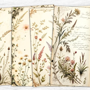 Papel de diário vintage com flores secas, folhas botânicas para impressão, papéis de flores secas, fundo boho, páginas de capa de livro, papel boho