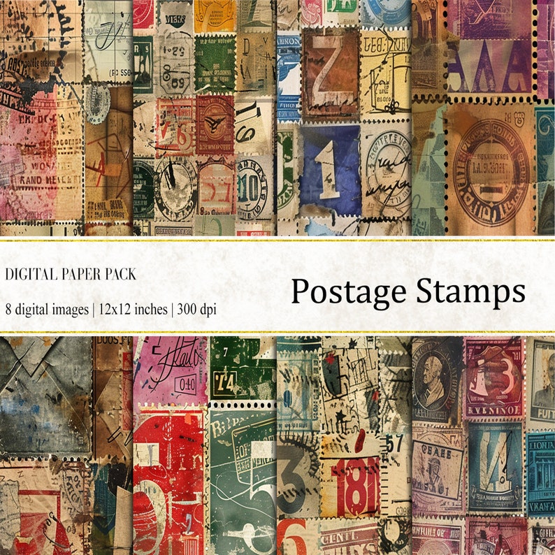 Vintage Postage Stamps Digital Paper: Travel Journal (12x12 Inches, JPG ...