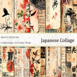 Papel digital de collage japonés, páginas de revistas basura, papeles asiáticos, fondo oriental, descarga instantánea, impresión japonesa, impresión en técnica mixta