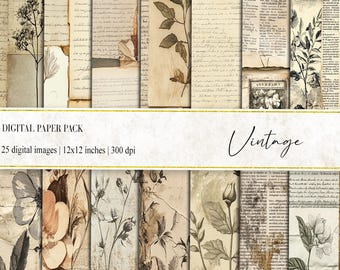 Vintage Botanical Digital Paper: Ephemera Scrapbook Paper (12x12 inches, PNG)