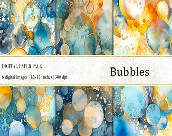 May include: Digital paper pack with six 30.48cm x 30.48cm digital images. The bubble-themed watercolor designs feature blue, teal, and gold bubbles with a textured look. The word "Bubbles" is displayed in a white banner.