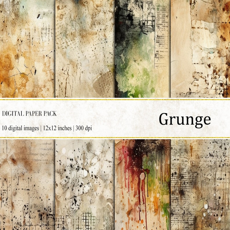 May include: A digital paper pack with 10 grunge-style textures. The textures are in shades of brown, beige, and green with white accents. The pack includes 12x12 inch images at 300 dpi.
