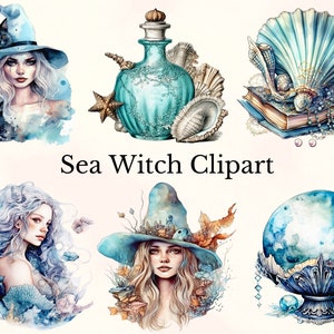 Aquarel zee heks clipart, 50 zee hekserij illustraties, aquarel fantasie, onderwater fantasie clipart, mystieke png, commercieel gebruik