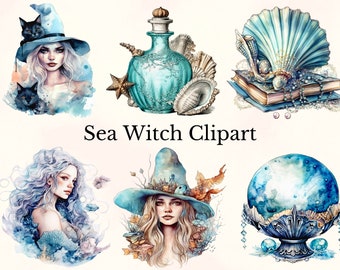 Watercolor Sea Witch Clipart: 50 Fantasy PNG Graphics (Commercial Use)