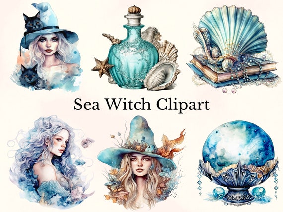 Watercolor Sea Witch Clipart, 50 Sea Witchcraft Clip Art