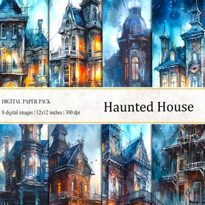 May include: A digital paper pack with eight images of a haunted house. The images are in a watercolor style and feature a dark blue and gray color scheme. The house is decorated with cobwebs and has a spooky atmosphere. The images are 12x12 inches and 300 dpi.