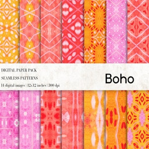 May include: A digital paper pack with 14 seamless patterns in a boho style. The patterns feature a variety of geometric shapes and colors, including orange, pink, and red. The patterns are 12x12 inches and 300 dpi.