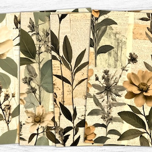 Papéis de diário de lixo botânico, botânico vintage, folha de colagem de jornal, floral de folhas, papel de ervas, impressão botânica, download digital