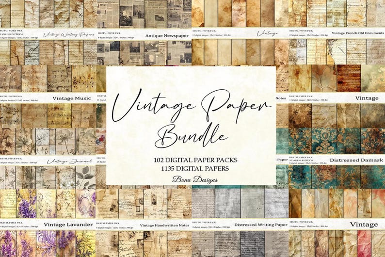 K&ouml;nnte beinhalten: Eine Collage aus 102 digitalen Papierpaketen mit 1135 Papieren im Vintage-Stil. Die Papiere umfassen eine Vielzahl von Texturen und Designs, wie z. B. Notenbl&auml;tter, handschriftliche Notizen und verwittertes Schreibpapier. Die Papiere sind perfekt f&uuml;r Scrapbooking, Kartenherstellung und andere Bastelprojekte.