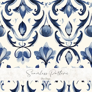May include: A seamless pattern design featuring watercolor illustrations in shades of blue on a cream background. The pattern includes floral and ornamental elements. The text "Seamless Pattern" and "Bena Designs" are visible.