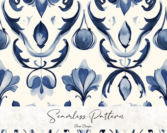 ブルーダマスクシームレスパターン：ロココ調フローラルデジタルペーパー（デジタルダウンロード）