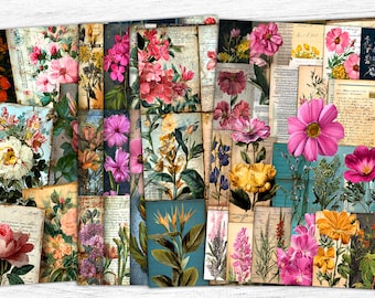 May include: A collage of vintage floral images, featuring various flowers in shades of pink, yellow, and purple. The images are arranged on aged paper backgrounds with handwritten text, creating a layered, artistic composition. The overall theme is botanical and vintage.
