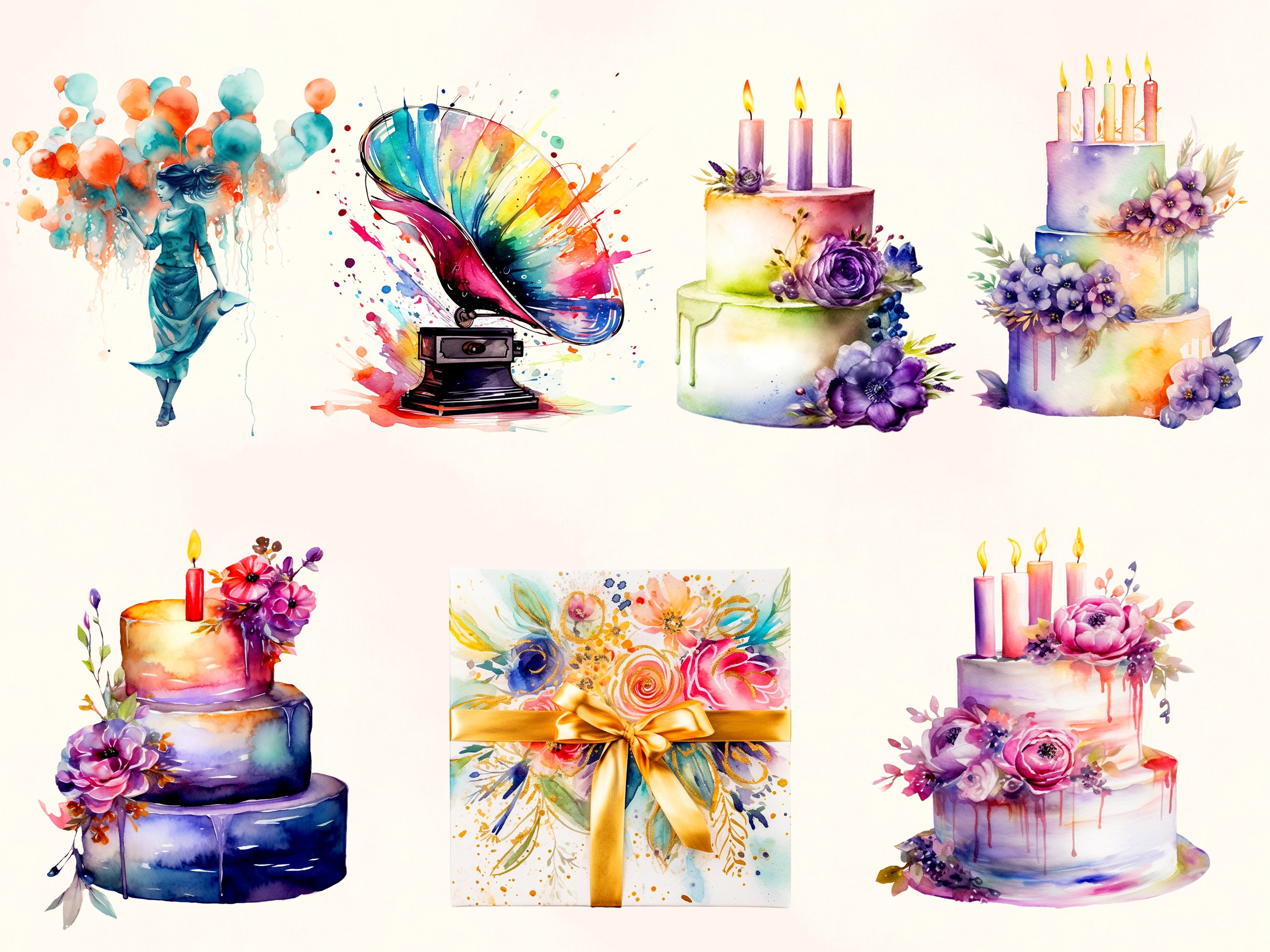 Watercolor Birthday Clipart: Party Balloons, Cake (PNG Digital Download ...