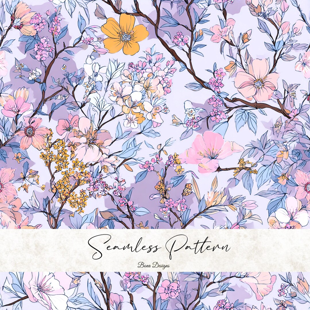 Spring Pattern Purple Purple Pastel Spring Floral Seamless Pattern: Botanical Fabric Print ...