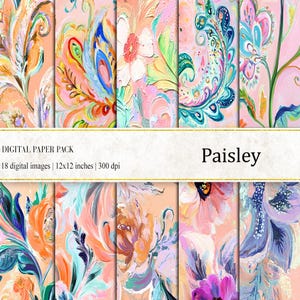 Paisley Digital Paper, Paisley Seamless Pattern, Preppy Pattern, Abstract Paisley, Scrapbook Paper,commercial use, Pink Flower Digital Paper