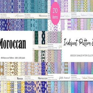 K&ouml;nnte beinhalten: Eine digitale Collage aus 620 nahtlosen Mustern, darunter 404 marokkanische Muster und 210 irisierende Muster. Die Muster sind in verschiedenen Farben gehalten, darunter Blau, Gr&uuml;n, Lila, Gold und Wei&szlig;. Die Muster sind in einem Rasterformat angeordnet, wobei jedes Muster 3600 x 3600 Pixel misst.