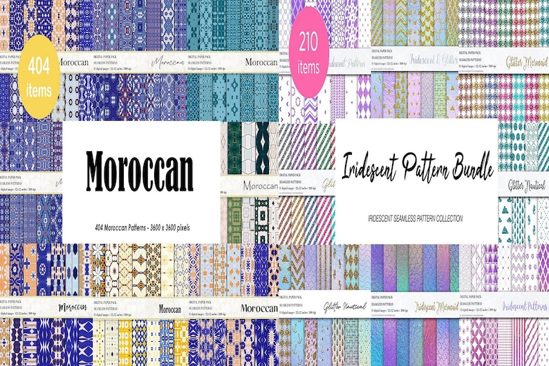 K&ouml;nnte beinhalten: Eine digitale Collage aus 620 nahtlosen Mustern, darunter 404 marokkanische Muster und 210 irisierende Muster. Die Muster sind in verschiedenen Farben gehalten, darunter Blau, Gr&uuml;n, Lila, Gold und Wei&szlig;. Die Muster sind in einem Rasterformat angeordnet, wobei jedes Muster 3600 x 3600 Pixel misst.