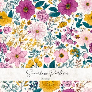 May include: A seamless floral pattern featuring a variety of flowers in shades of pink, purple, yellow, and teal on a white background. The design includes the text "Seamless Pattern" and "Bena Designs".