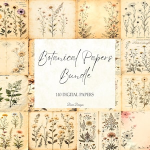 Bundel vintage botanische papieren, vintage botanisch junkjournaal, digitale download, vintage bloemenpapier, kortstondig papier, kruidenafdrukbaar