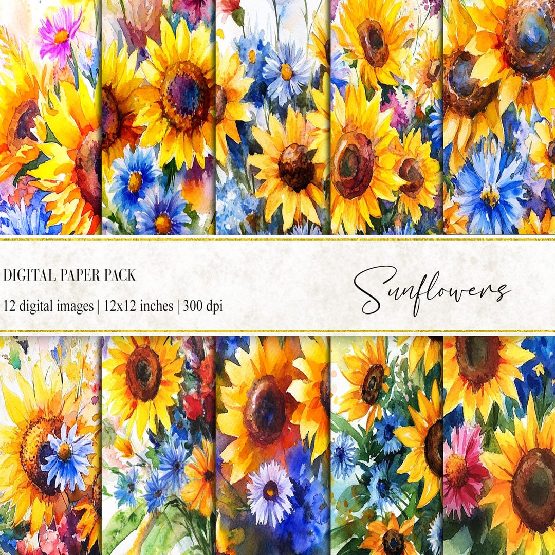 Watercolor Sunflower Digital Papers, Vintage Junk Journal (digital ...