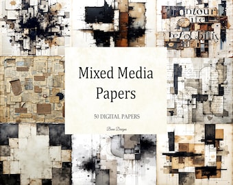 Abstracte collagekunstpapieren: achtergronden voor scrapbooks met gemengde technieken (digitale download, 50 PNG's)