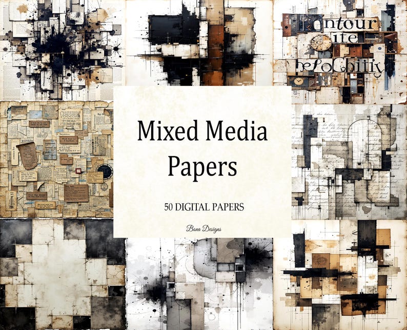 Peut inclure: Une collection de 50 papiers num&eacute;riques en techniques mixtes. Les papiers pr&eacute;sentent divers motifs abstraits dans des tons neutres, dont le noir, le blanc, le marron et le beige. Certains papiers comportent du texte et des &eacute;l&eacute;ments de collage.
