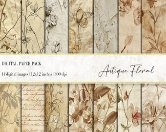 Vintage Floral Digital Paper: Botanical Ephemera, Scrapbook Designs (PNG)