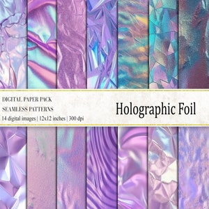 May include: A digital paper pack of 14 holographic foil seamless patterns. The patterns are in shades of purple, blue, and pink. Each pattern is 12x12 inches and 300 dpi.