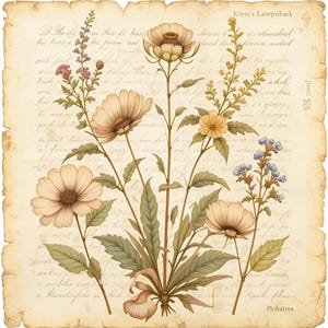 May include: A vintage botanical illustration featuring delicate white and yellow flowers with green leaves on a cream-colored background with handwritten text. The text includes the words "Flora" and "Kirst's Latepuckback".
