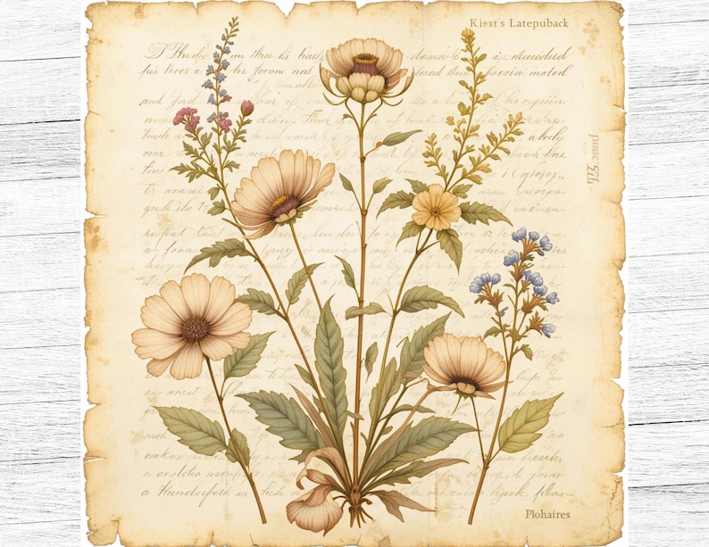 May include: A vintage botanical illustration featuring delicate white and yellow flowers with green leaves on a cream-colored background with handwritten text. The text includes the words "Flora" and "Kirst's Latepuckback".