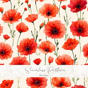 May include: Seamless pattern featuring watercolor-style red poppies with dark centers and green stems against a cream background. The text "Seamless Pattern" and "Bena Designs" are also visible.