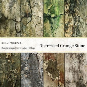 May include: A digital paper pack of 12 distressed grunge stone textures. Each image is 12x12 inches and 300 dpi. The textures feature cracked and weathered stone in shades of green, brown, and gray.