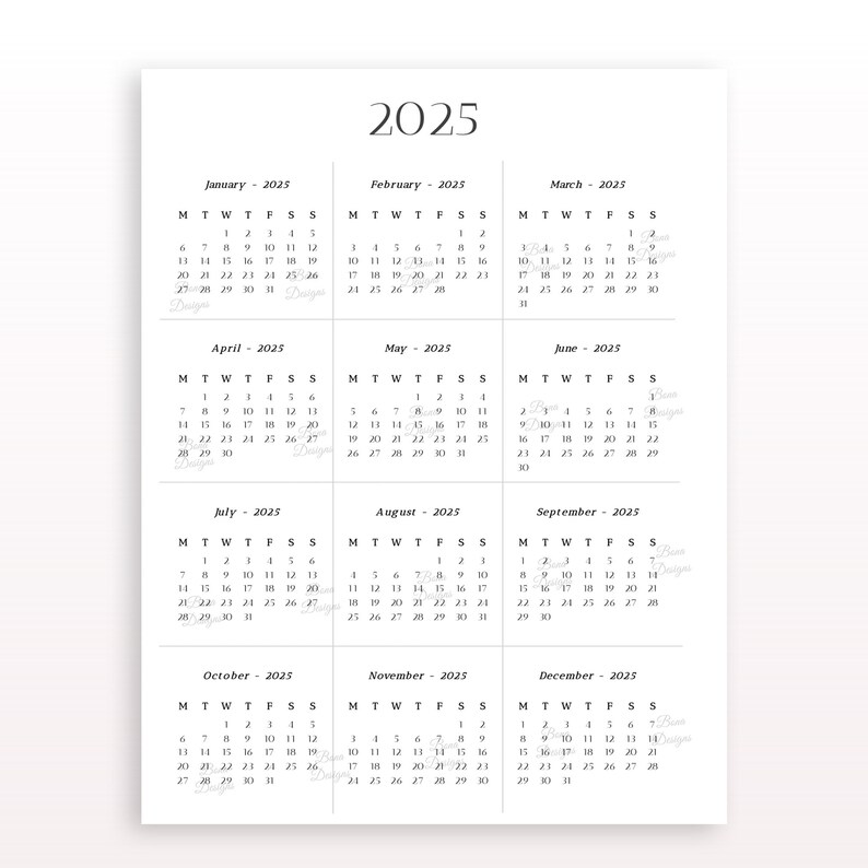 2025 Calendar, 2025 Calendar Yearly, Calendar Printable, Planner Wall