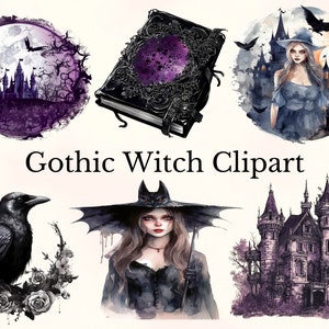 水彩ゴシック魔女クリップアート、50 ゴシック魔術クリップアート、水彩ファンタジー、魔法クリップアート、神秘的なクリップアート PNG、商用利用