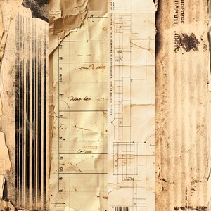 May include: A collage of old, torn, and faded paper documents with handwritten notes and lines. The paper is a light brown color with some darker brown stains and markings. The paper is torn and frayed at the edges.