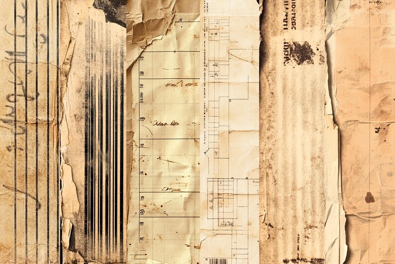 May include: A collage of old, torn, and faded paper documents with handwritten notes and lines. The paper is a light brown color with some darker brown stains and markings. The paper is torn and frayed at the edges.