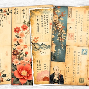 Papeles vintage de diario basura japoneses, flores japonesas, descarga digital, cartas japonesas, imprimibles japoneses