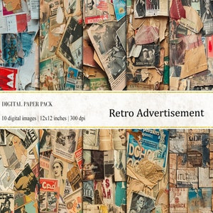 Papéis digitais de propaganda retrô, papéis de diário retrô, jornal retrô, papéis imprimíveis retrô, fundo de efêmera, impressão em papel antigo