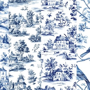 Blue Toile de Jouy Digital Paper: Chinoiserie Floral Patterns (12x12 inch PNG) (Digital Download) image 6