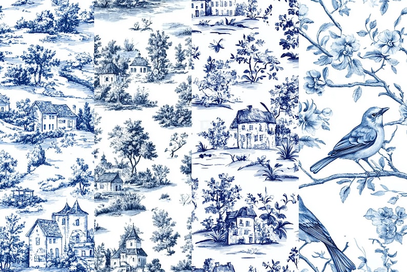 Blue Toile de Jouy Digital Paper: Chinoiserie Floral Patterns (12x12 inch PNG) (Digital Download) image 6