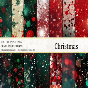 以下が含まれることがあります： クリスマスのテーマで14種類のシームレスパターンが収録されたデジタルペーパーパックです。パターンには、赤、緑、金、白の色が使用されており、雪片、星、円などのさまざまなデザインが施されています。テキスト「Christmas」は白いバナーに表示されています。
