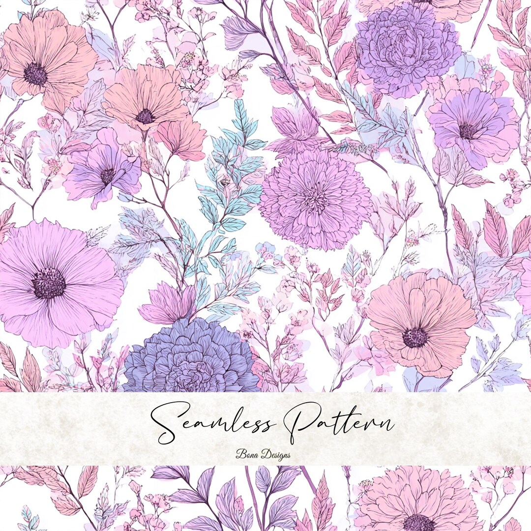Pastel Purple Roses Pattern Pastel Purple Floral Seamless Pattern: Delicate Blooms Fabric Print ...