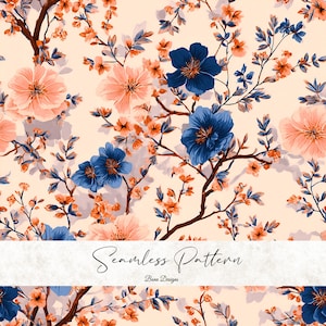 May include: Seamless floral pattern featuring peach and navy blue flowers with orange accents on a cream background. The design includes branches and leaves, with the text "Seamless Pattern" and "Bena Designs".