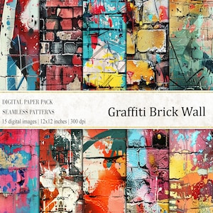 May include: A digital paper pack of 15 seamless patterns featuring colorful graffiti on a brick wall. Each pattern is 12x12 inches and 300 dpi.