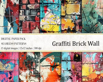 Digitaal papier graffiti op bakstenen muur: kleurrijke naadloze patronen (12 x 12, png)