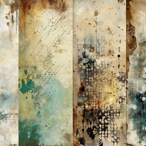 Pu&ograve; includere: Stampa d'arte astratta con uno sfondo testurizzato e usurato in tonalit&agrave; di marrone, beige, blu e bianco. La stampa &egrave; divisa in quattro sezioni, ognuna con un motivo e uno schema di colori unici.