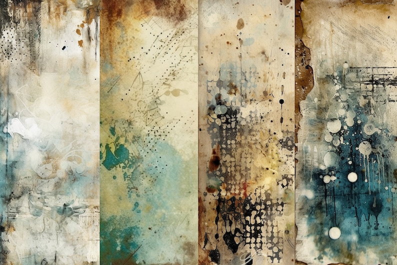 Pu&ograve; includere: Stampa d'arte astratta con uno sfondo testurizzato e usurato in tonalit&agrave; di marrone, beige, blu e bianco. La stampa &egrave; divisa in quattro sezioni, ognuna con un motivo e uno schema di colori unici.